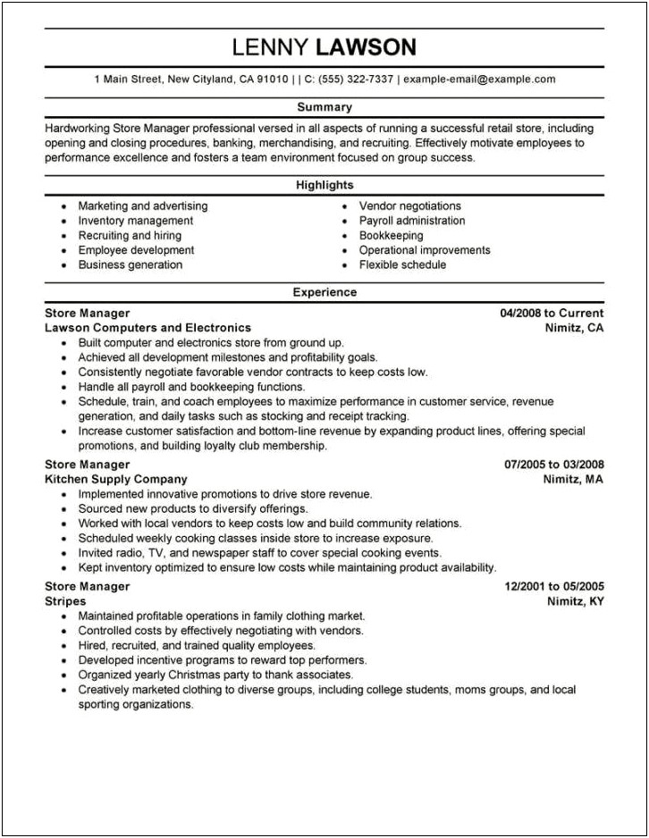 Resume Summary Examples For Retail Management