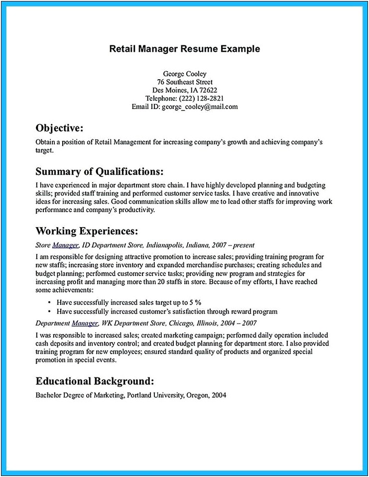 Resume Summary Examples For Retail Store Manager