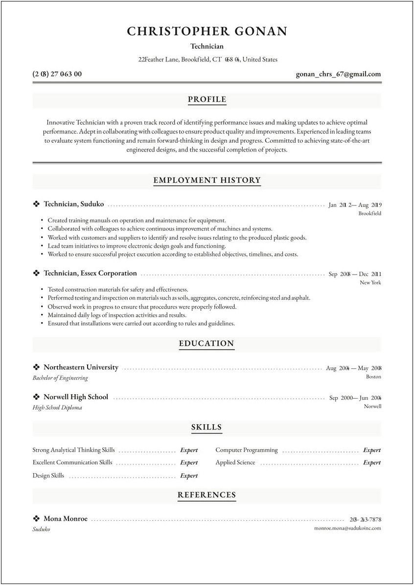 Resume Summary Examples For Service Technicians