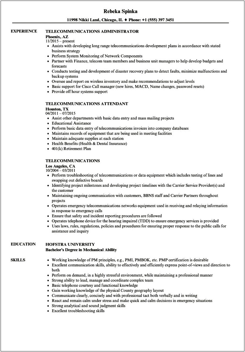 Resume Summary Examples For Telecommunications