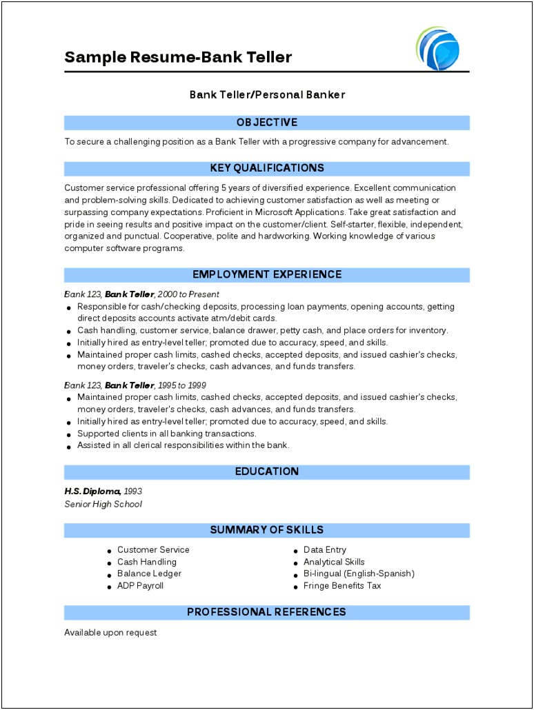 Resume Summary Examples For Teller