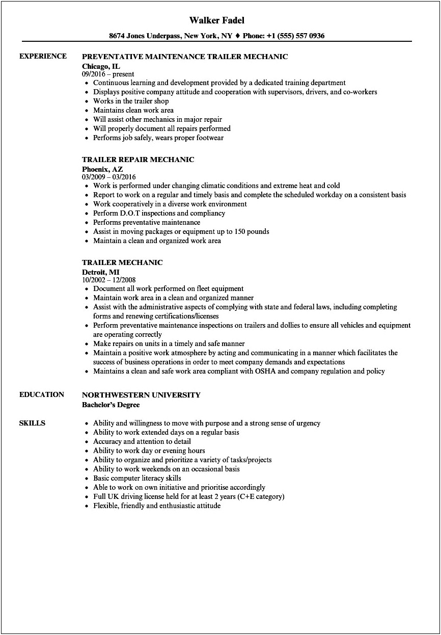 Resume Summary Examples For Trailer Mechanic
