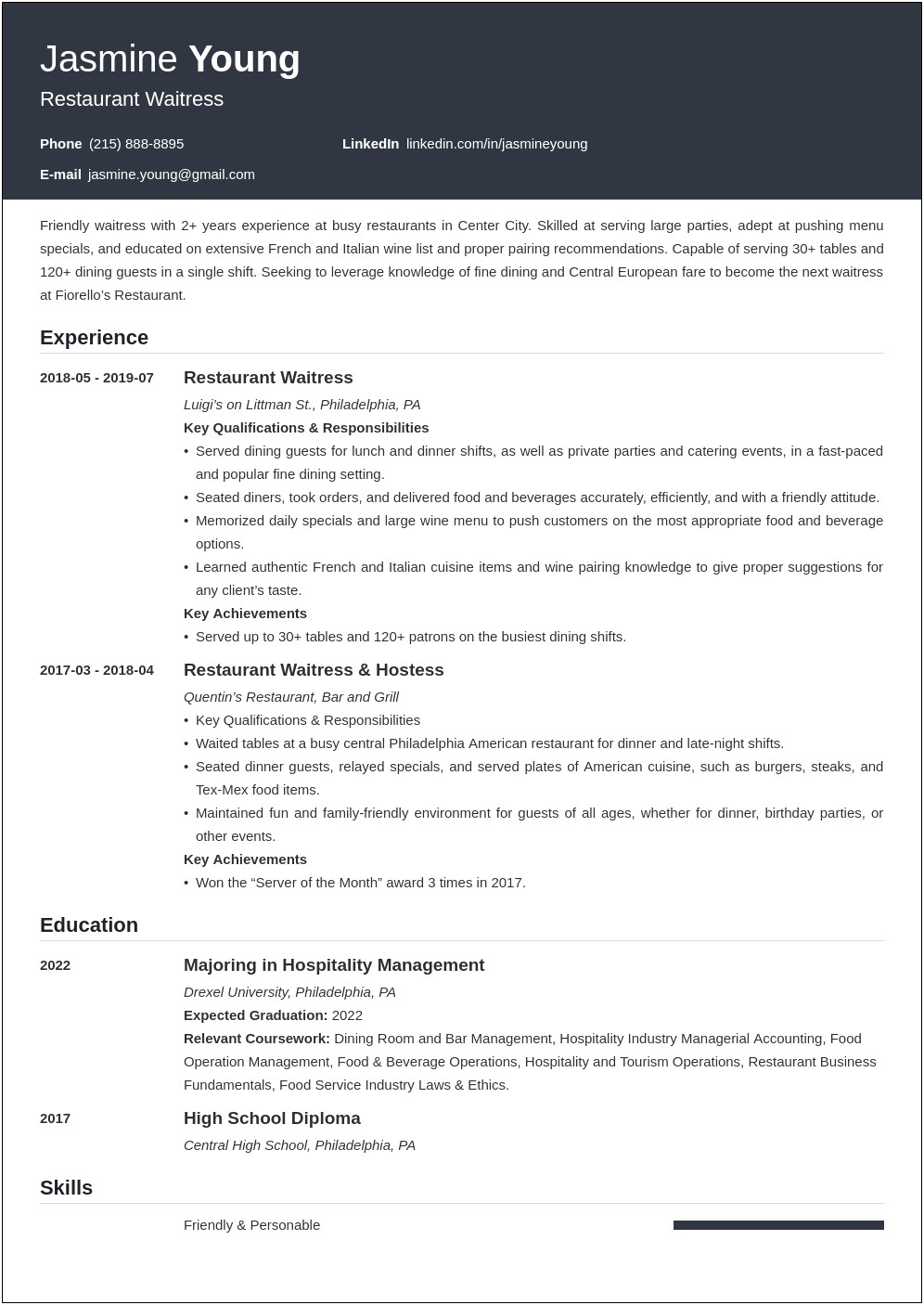 Resume Summary Examples For Waitress