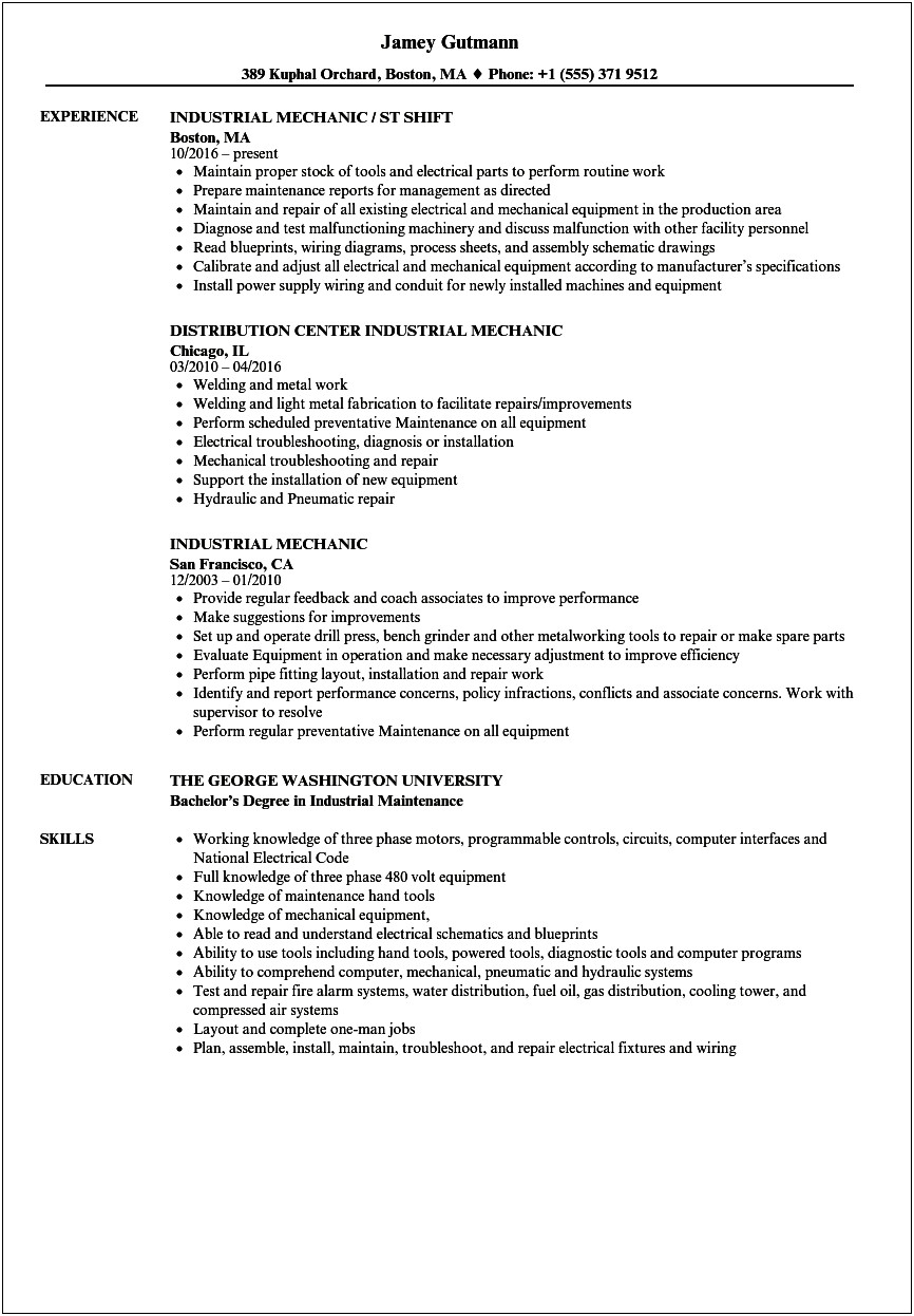 Resume Summary Examples Maintenance Mechanic