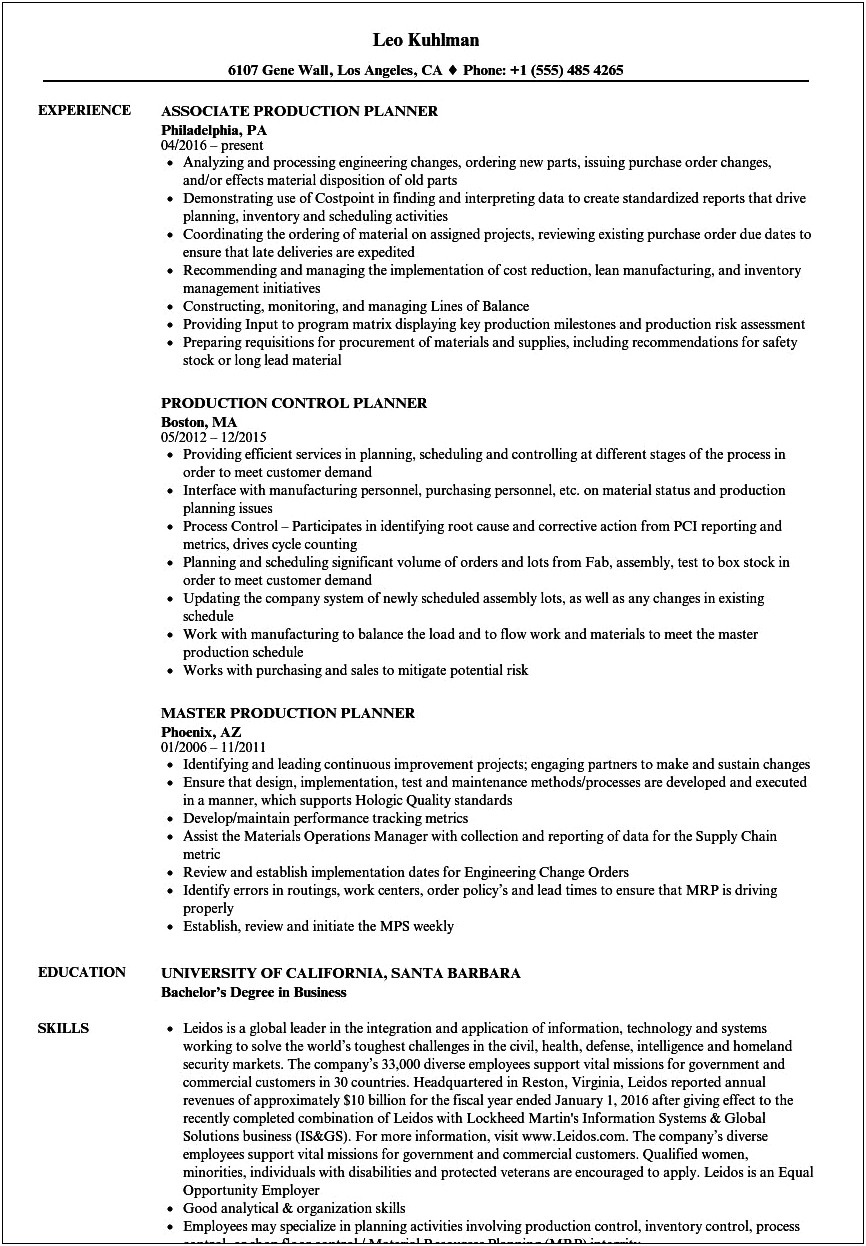 Resume Summary Examples Production Planner