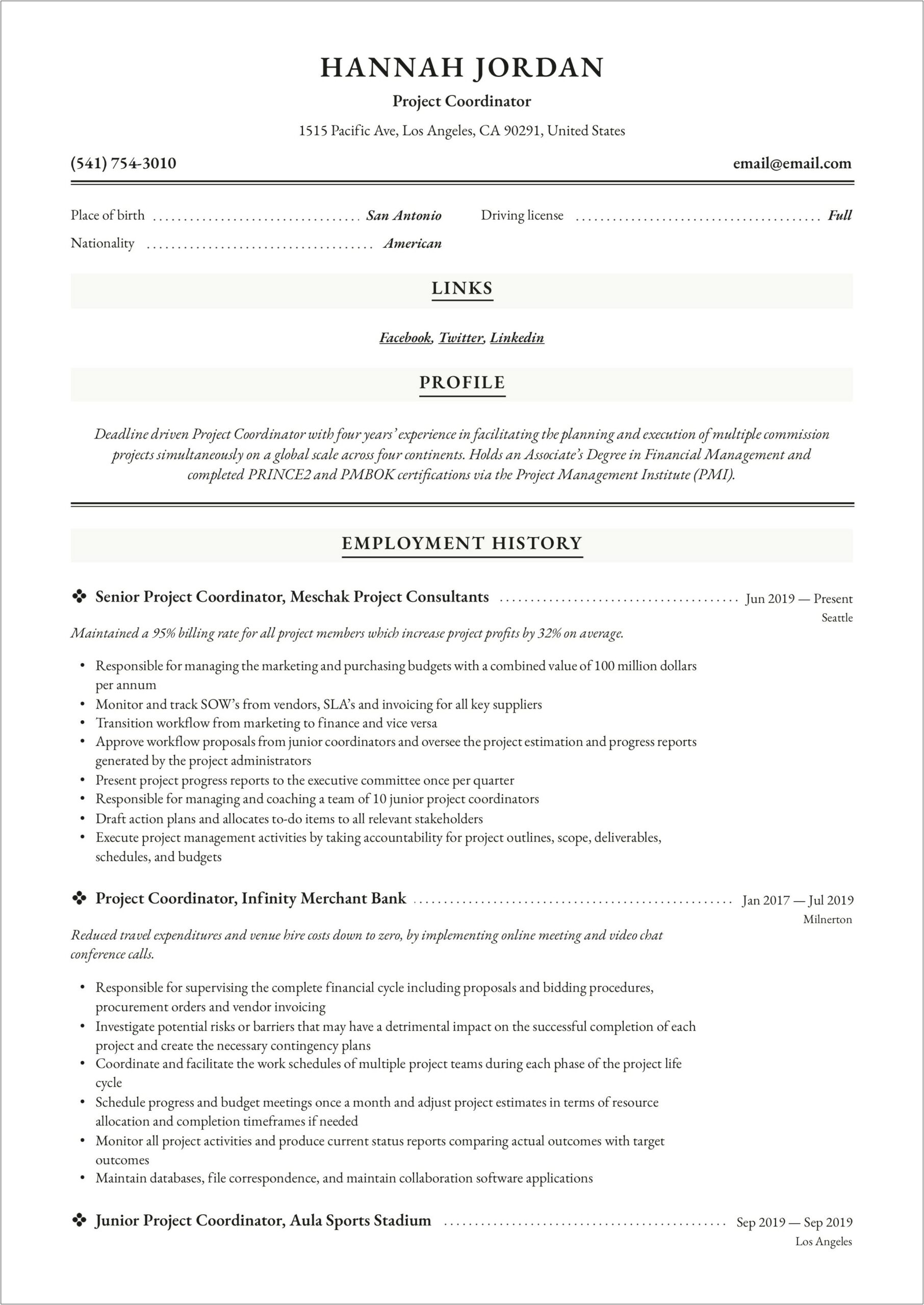 Resume Summary Examples Project Coordinator