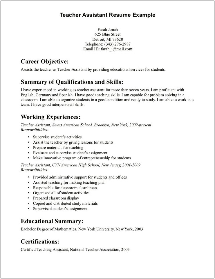 Resume Summary Examples Teacher Aide No Experience