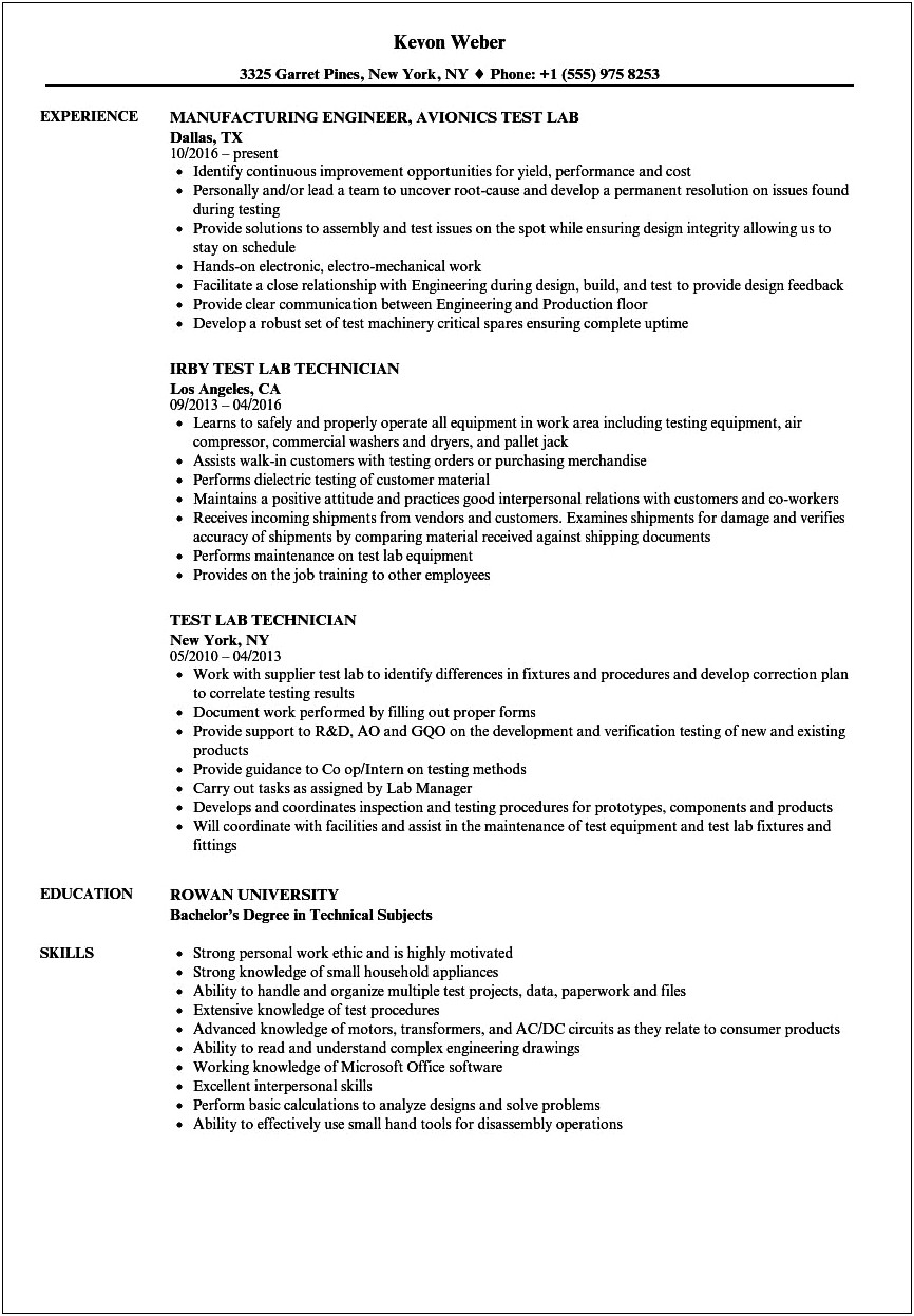 Resume Summary Examples Testing Equipment