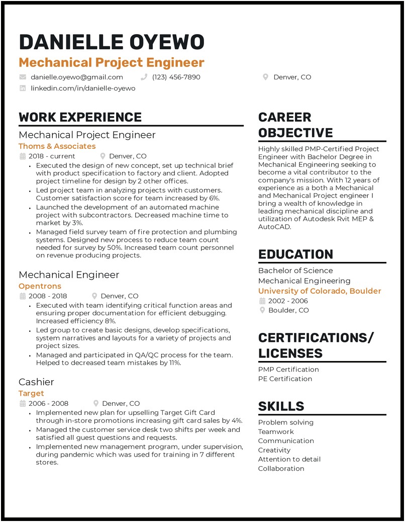 Resume Summary Expample For Mechanical Engineer