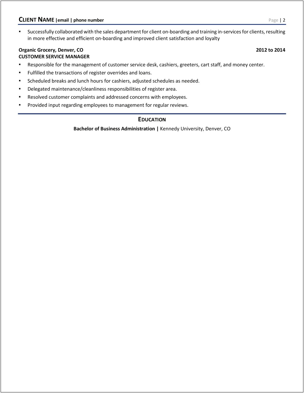 Resume Summary For A Customer Service Manager