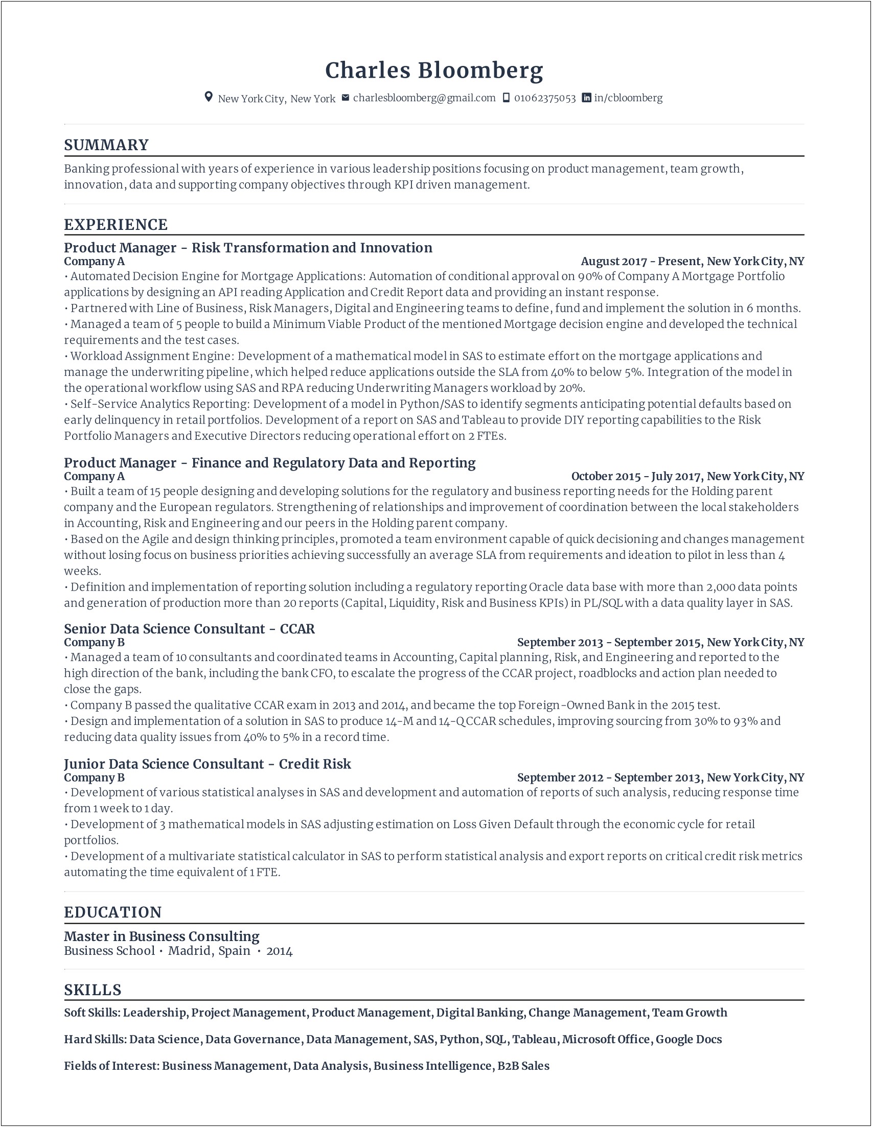 Resume Summary For A Product Manager