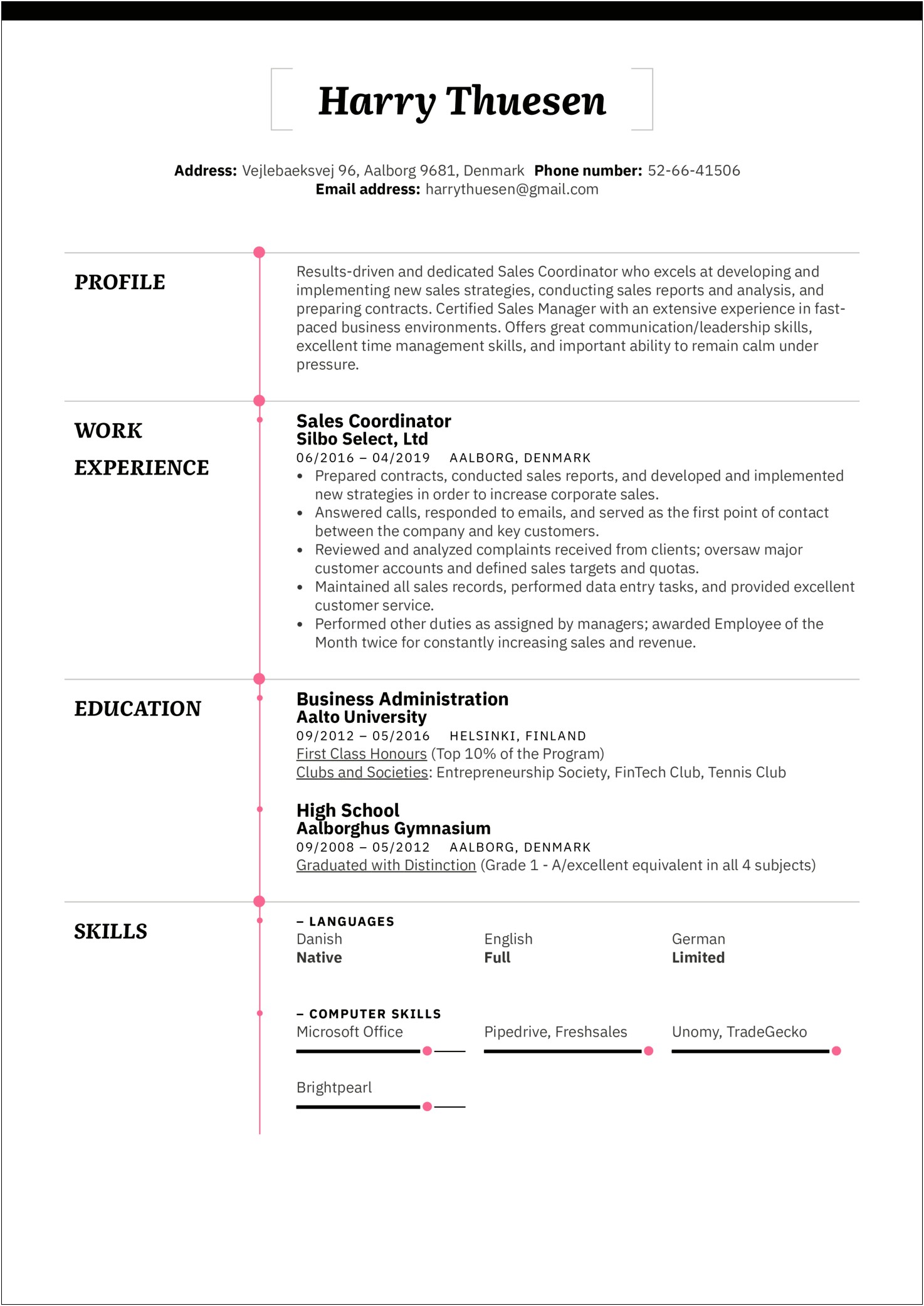 Resume Summary For A Sales Coordinator