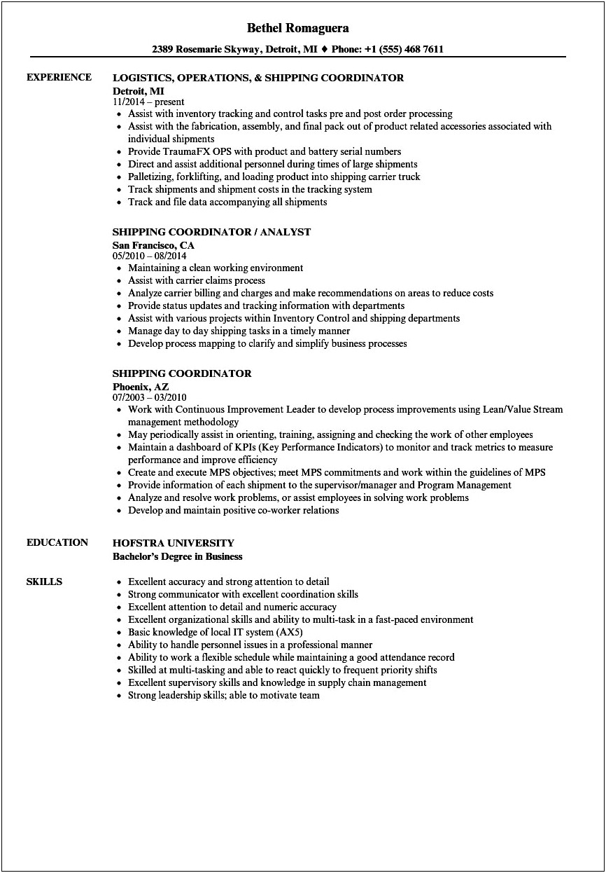 Resume Summary For A Shipping Coordinator