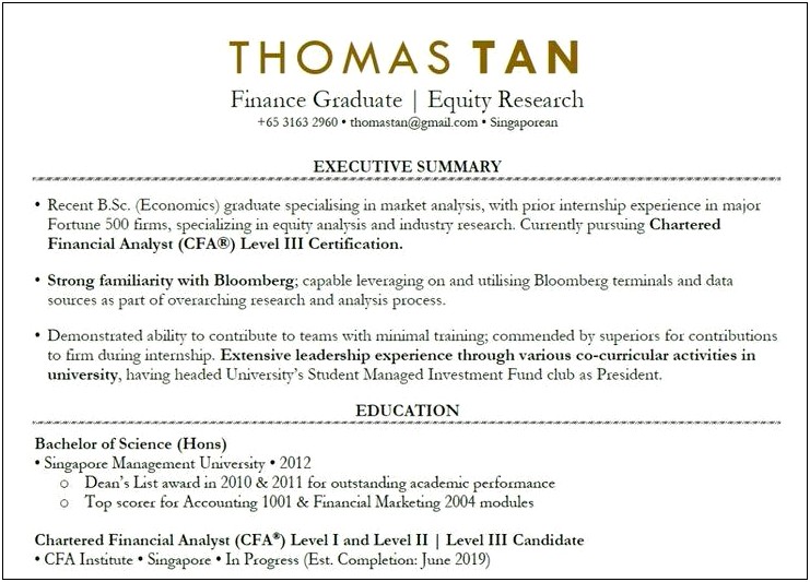 Resume Summary For Bachelor Of Science Graduate