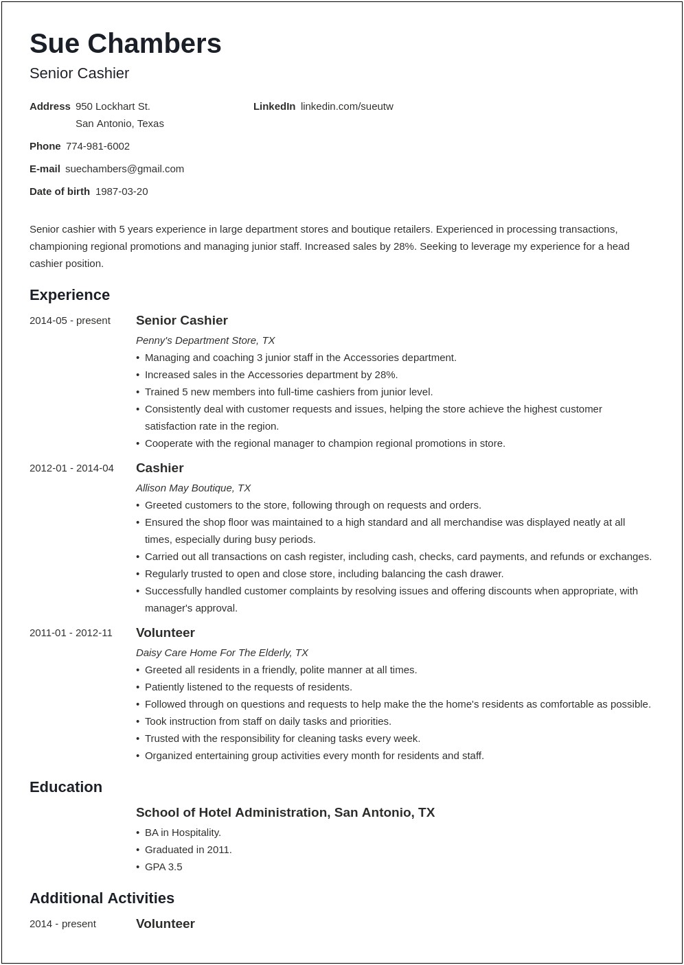 Resume Summary For Cashier No Experience