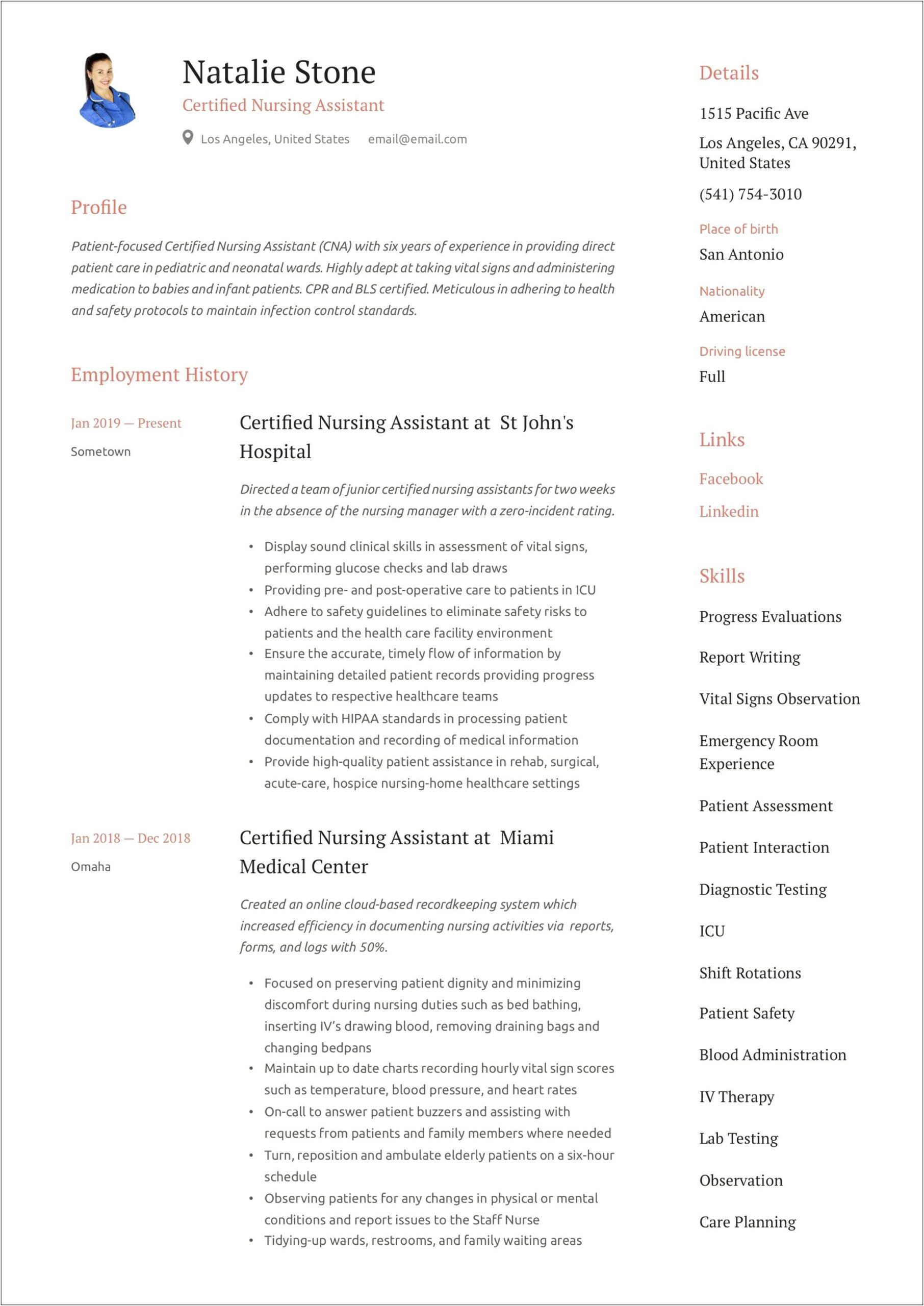 Resume Summary For Certified Nursing Assistant
