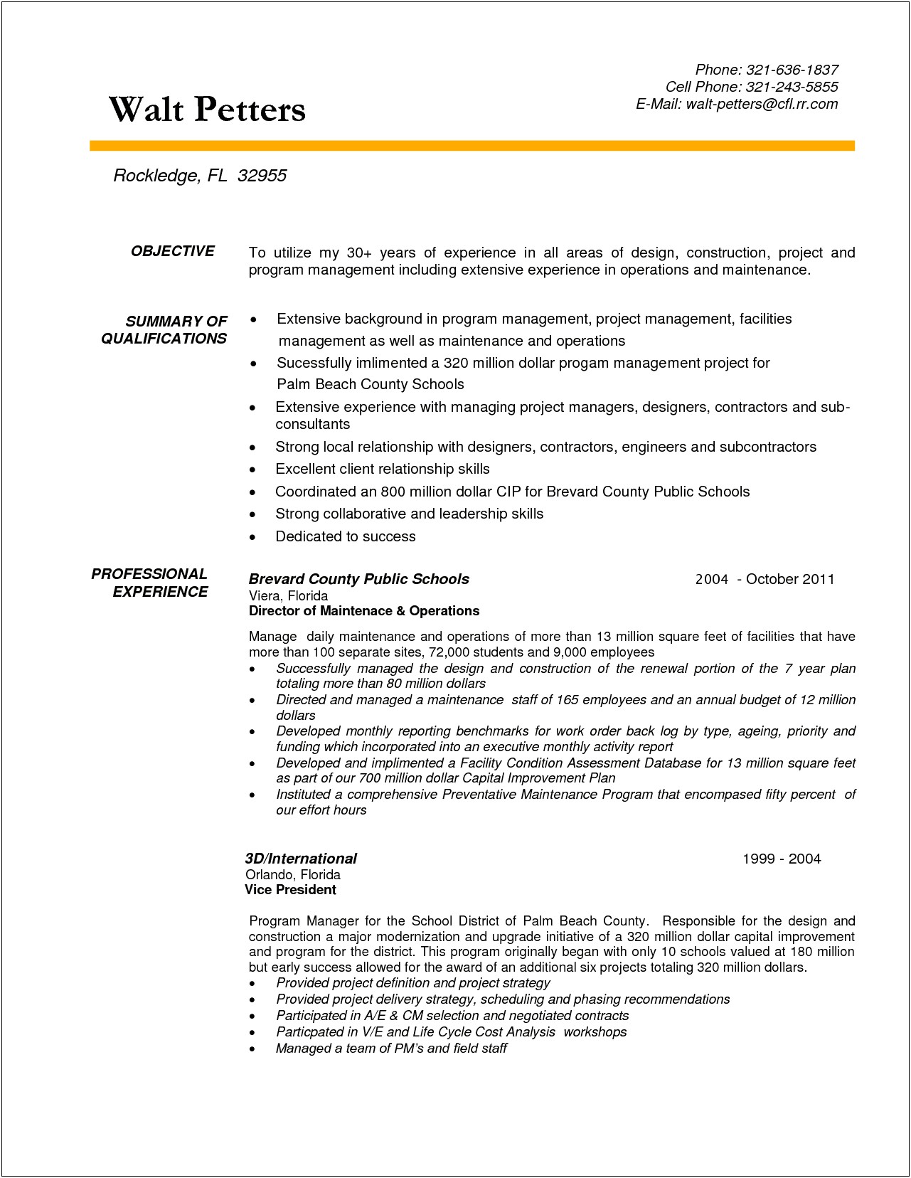 Resume Summary For Construction Manager