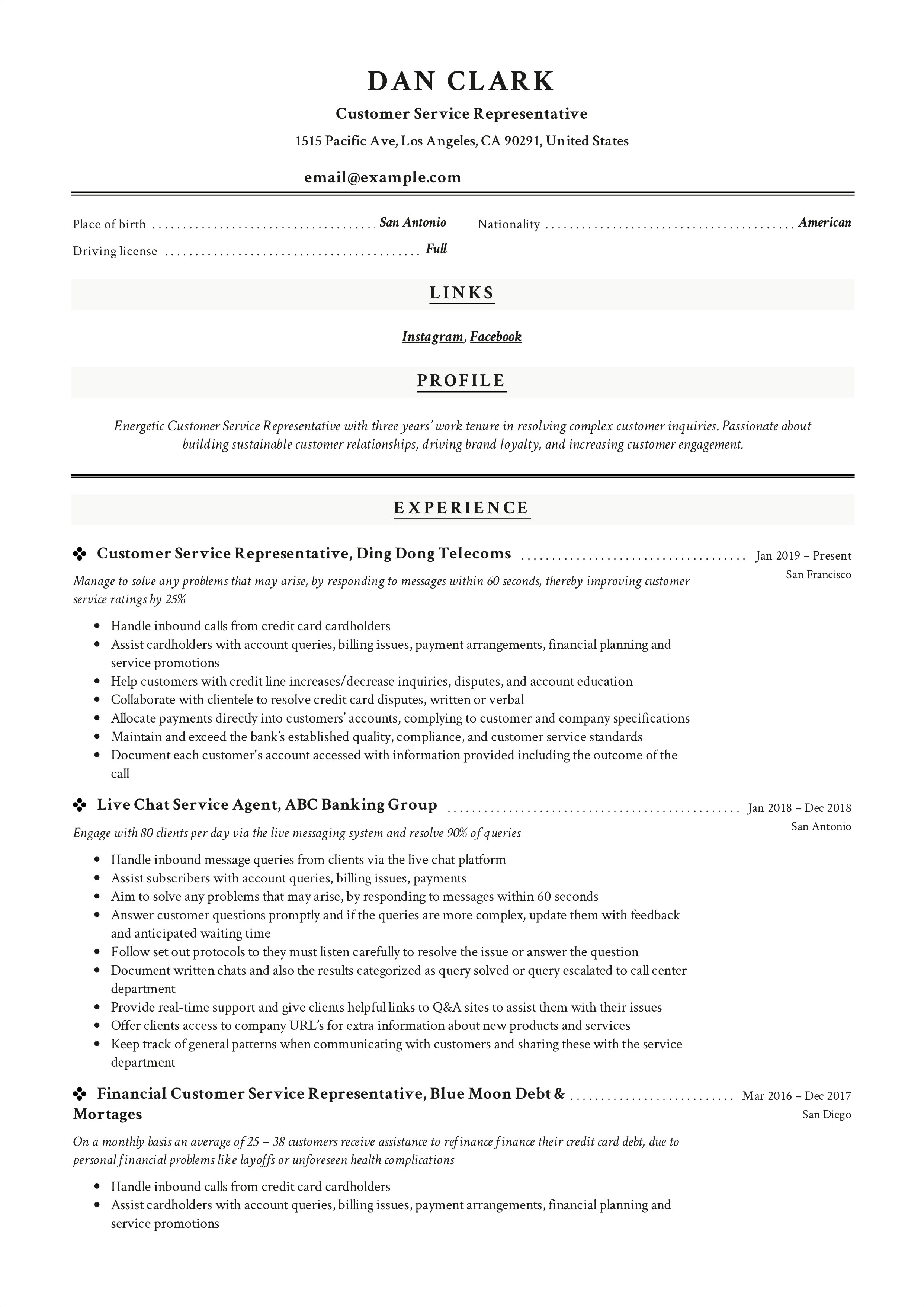 Resume Summary For Customer Service Specialist