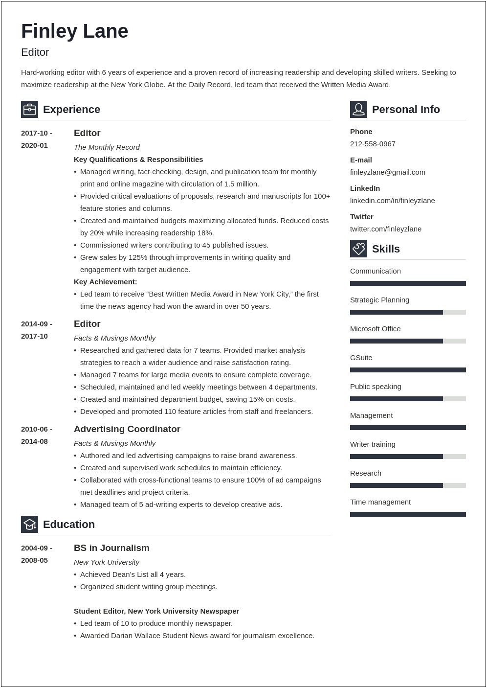 Resume Summary For Editingn Jobs
