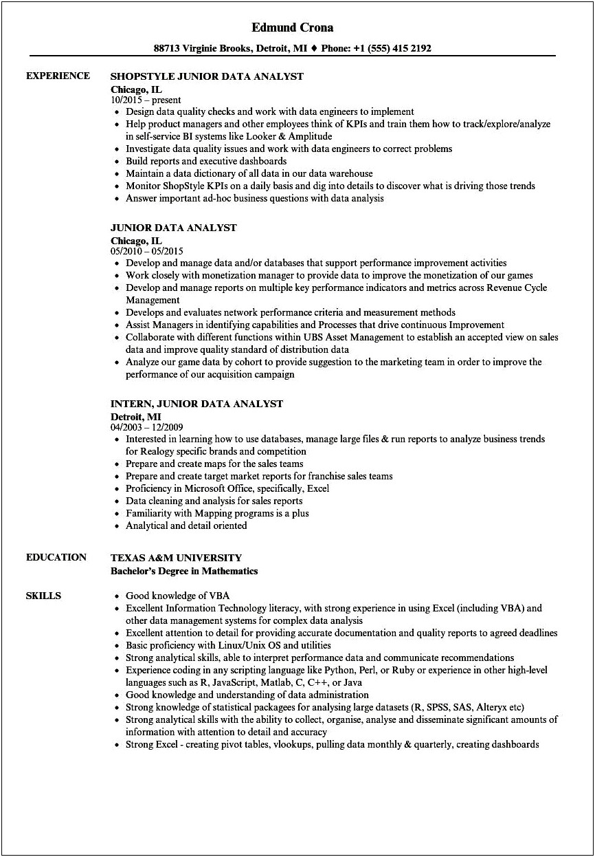 Resume Summary For Entry Level Business Analyst