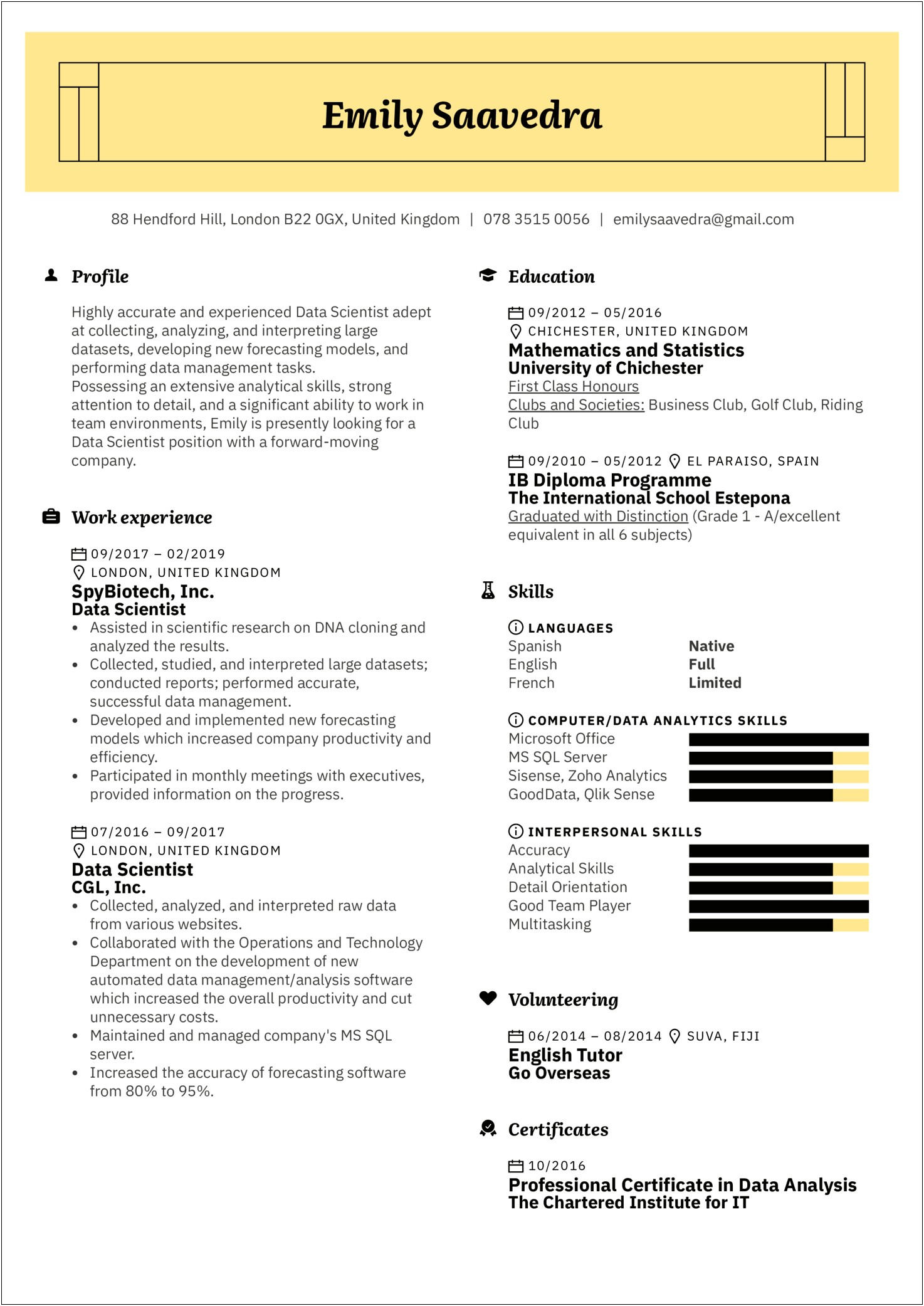 Resume Summary For Entry Level Data Scientist