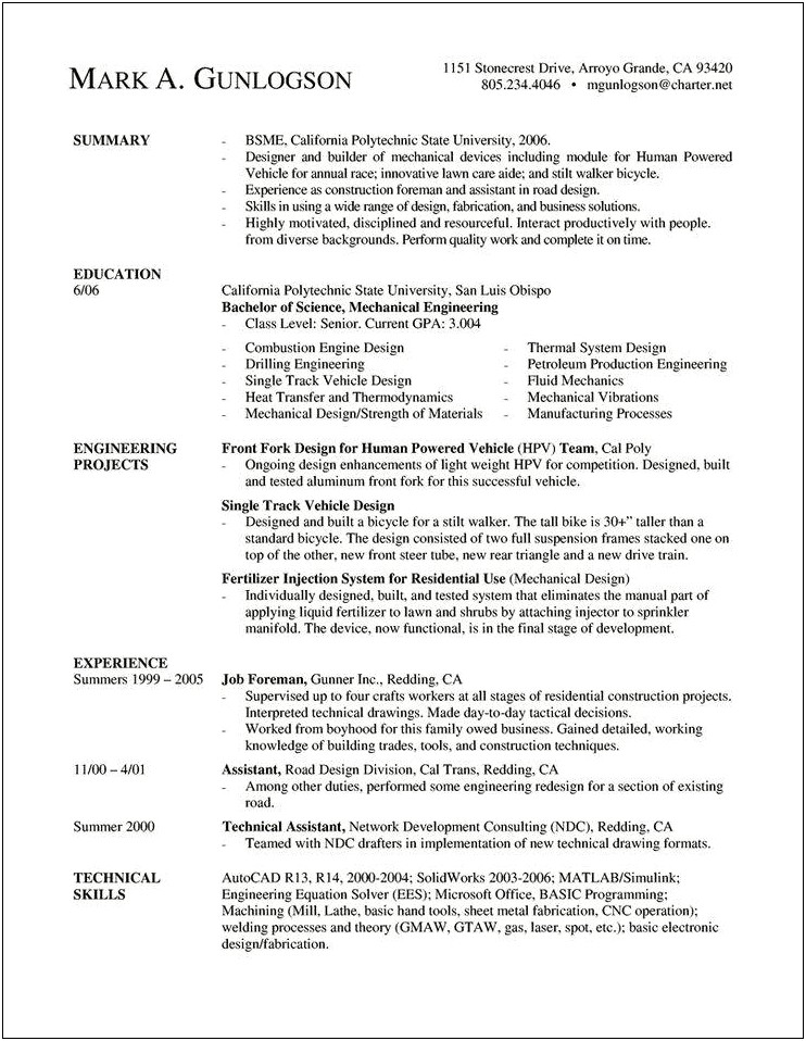 Resume Summary For Entry Level Engineers