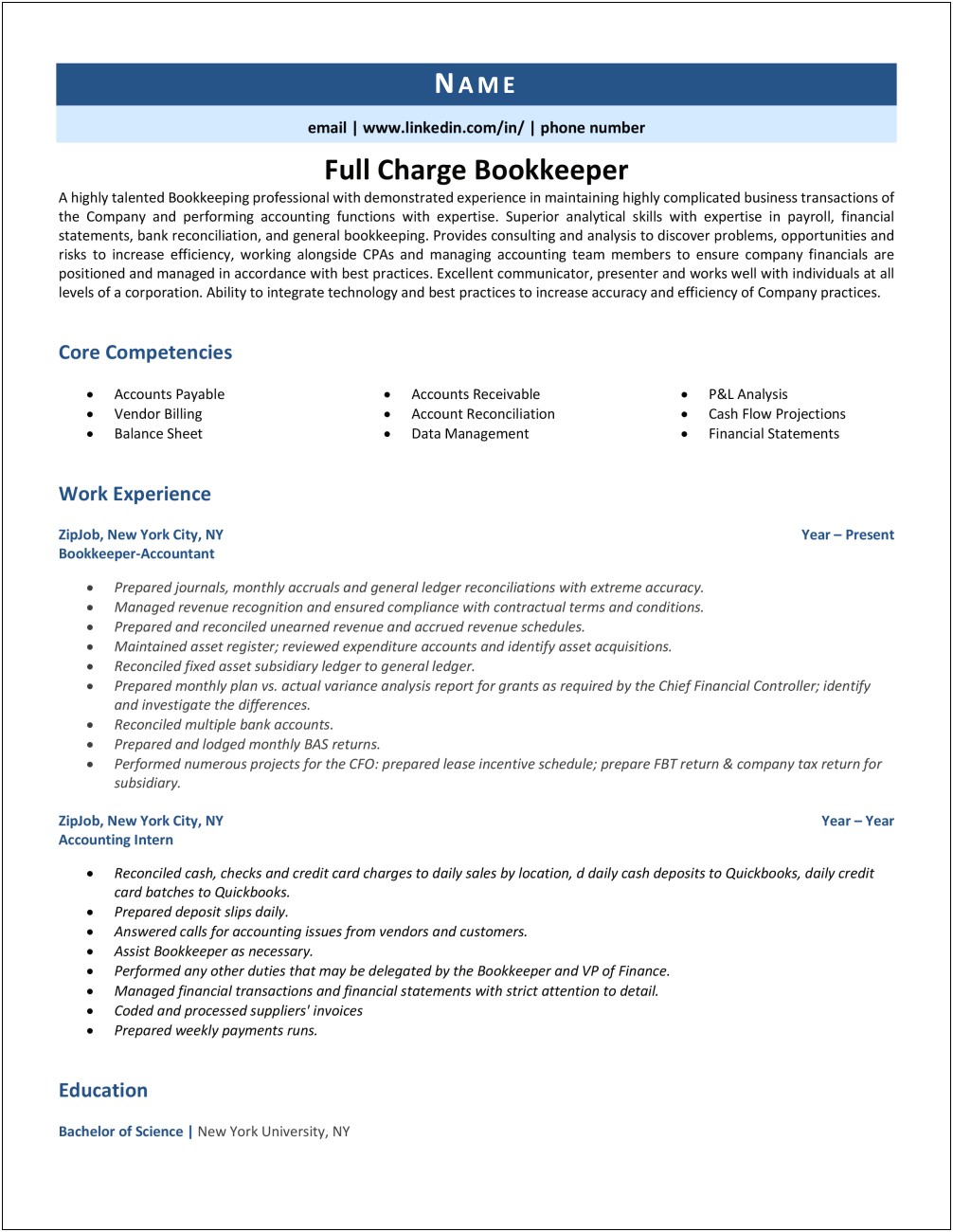 Resume Summary For Full Charge Bookkeeper