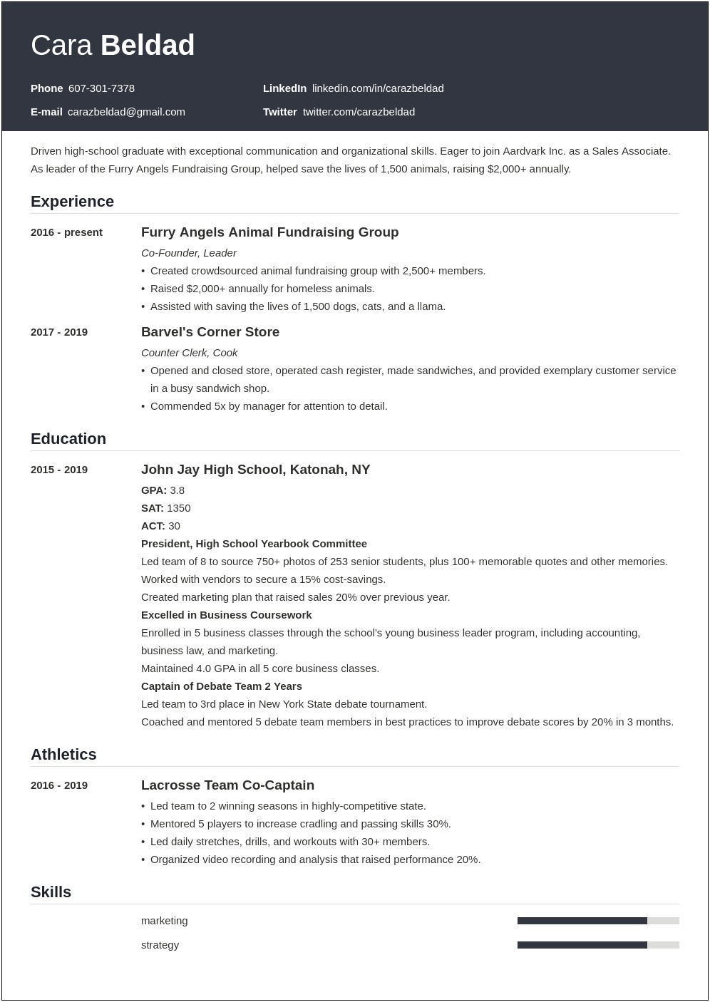 Resume Summary For High School Graduate