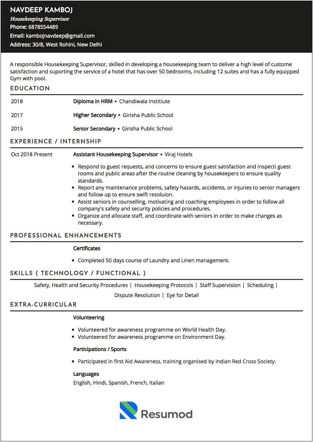 Resume Summary For Housekeeping Manager
