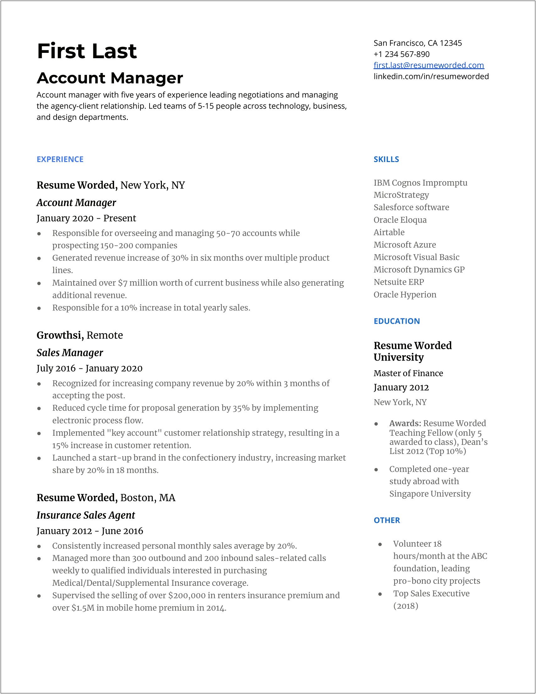 Resume Summary For Insurance Account Manager