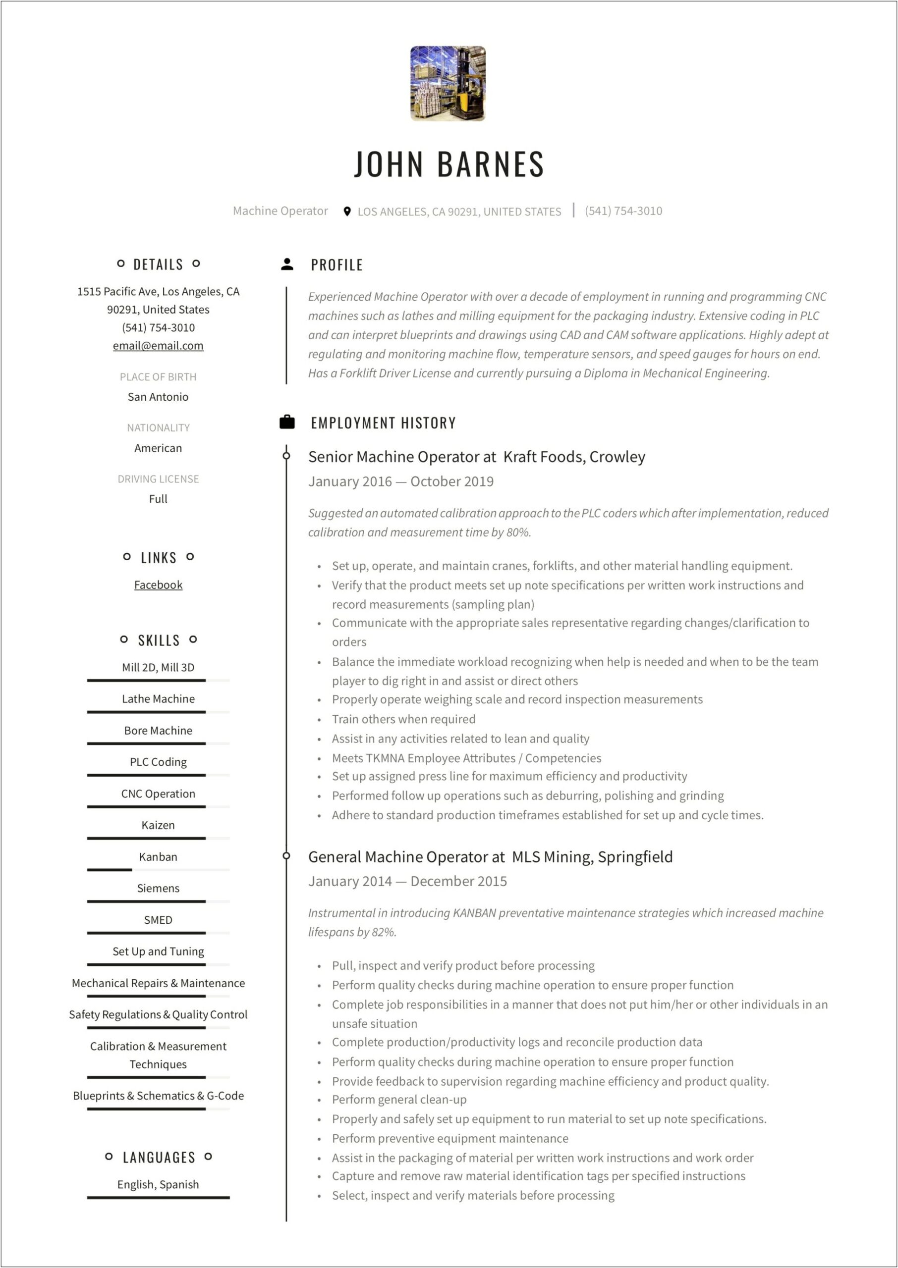 Resume Summary For Machine Operator Resume