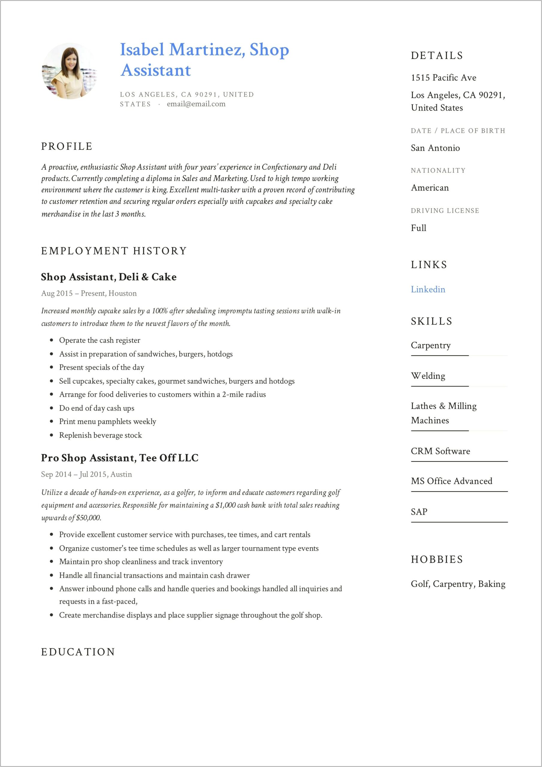 Resume Summary For Mall Job