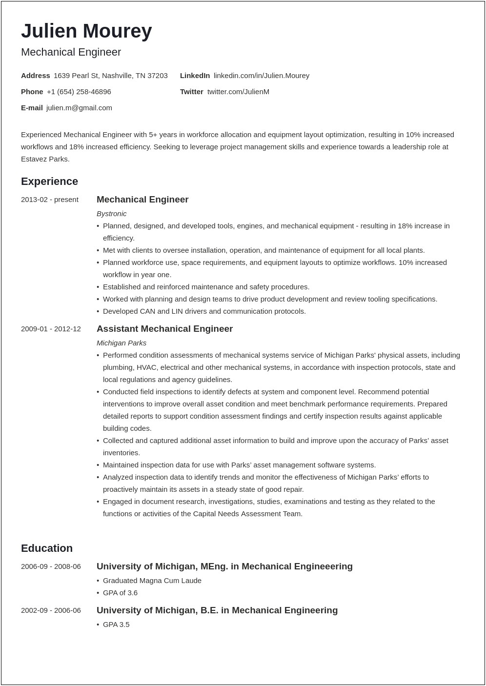 Resume Summary For Mechanical Engineer Fresher