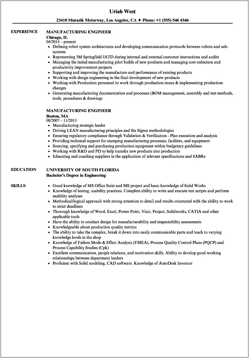 Resume Summary For Mechanical Manufacturing Engineer