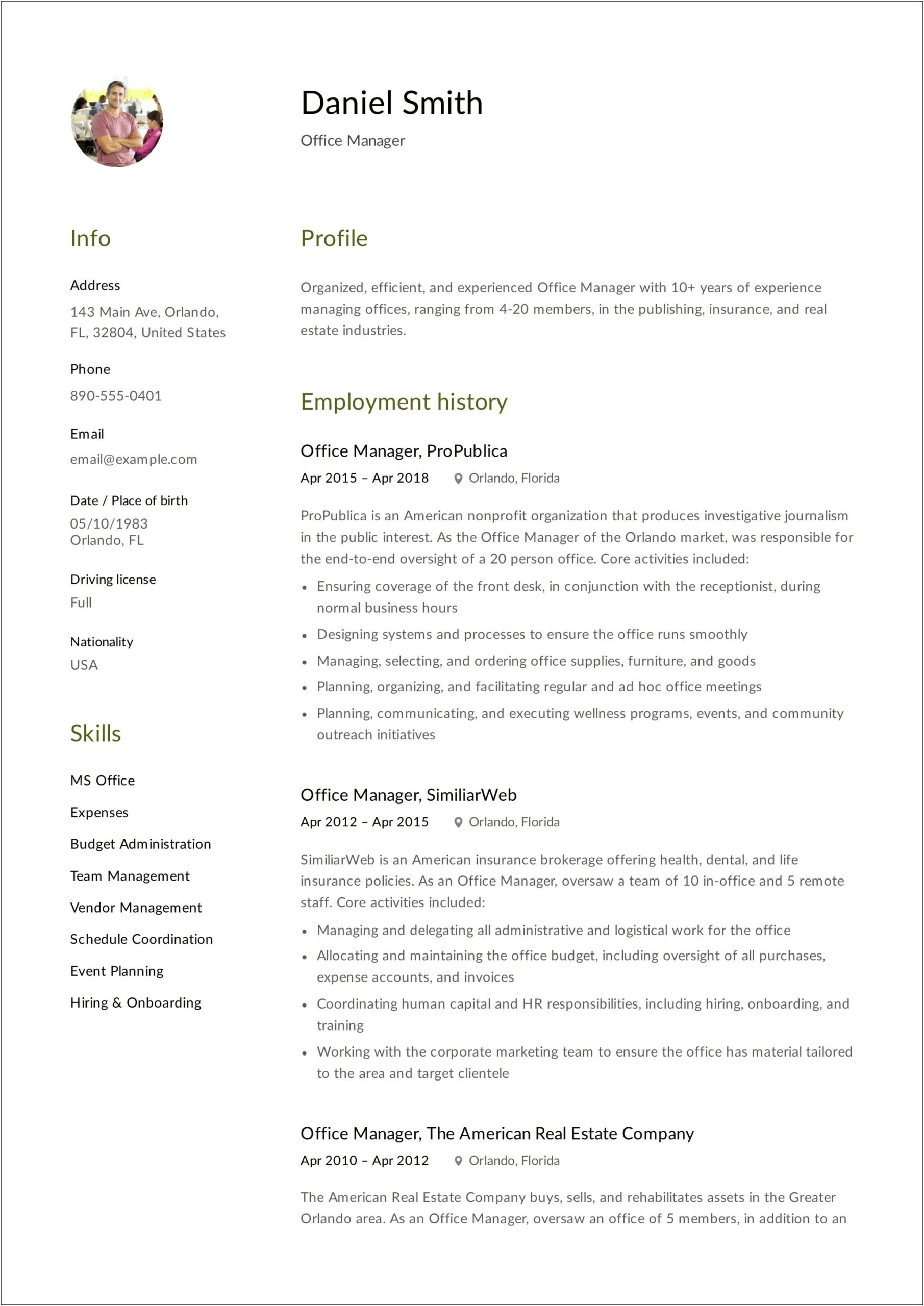 Resume Summary For Office Manager