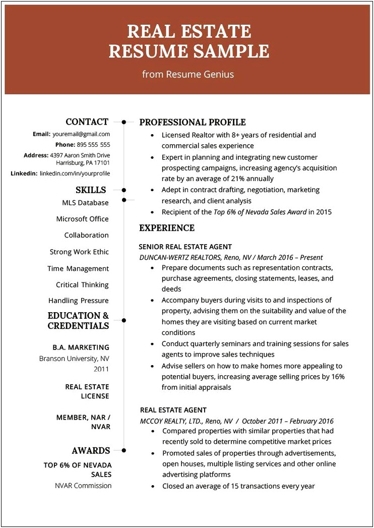Resume Summary For Real Estate Agent