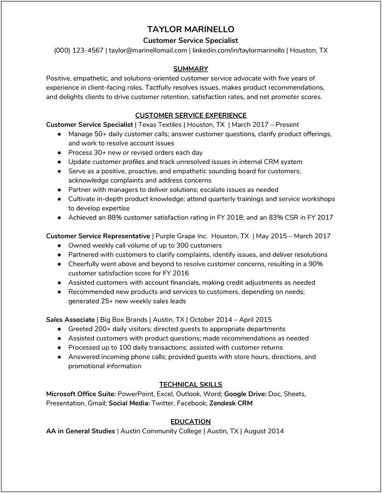 Resume Summary For Sales And Customer Service