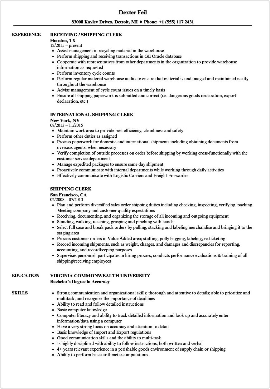 Resume Summary For Shipping And Receiving Technician