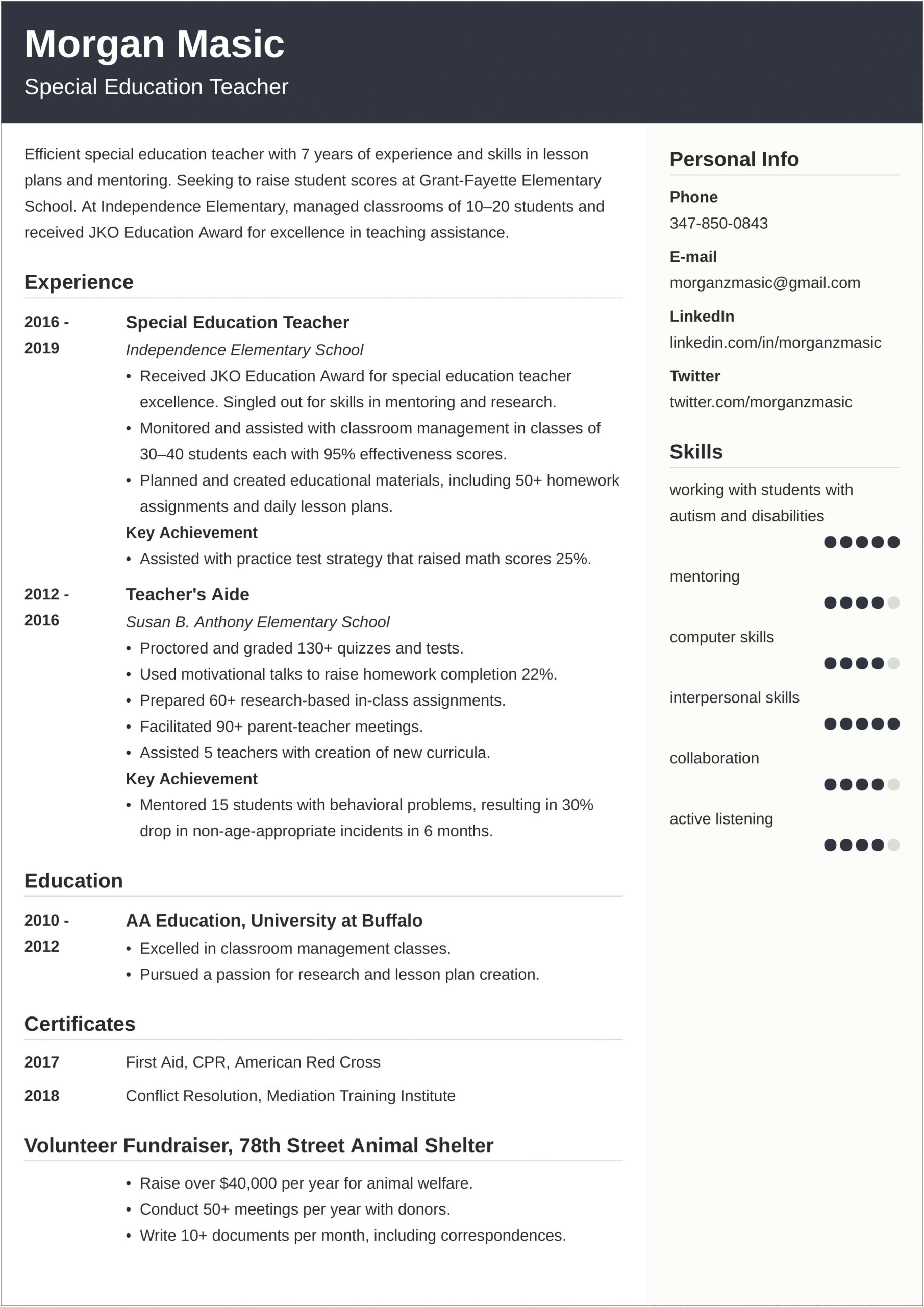 Resume Summary For Special Education Teacher