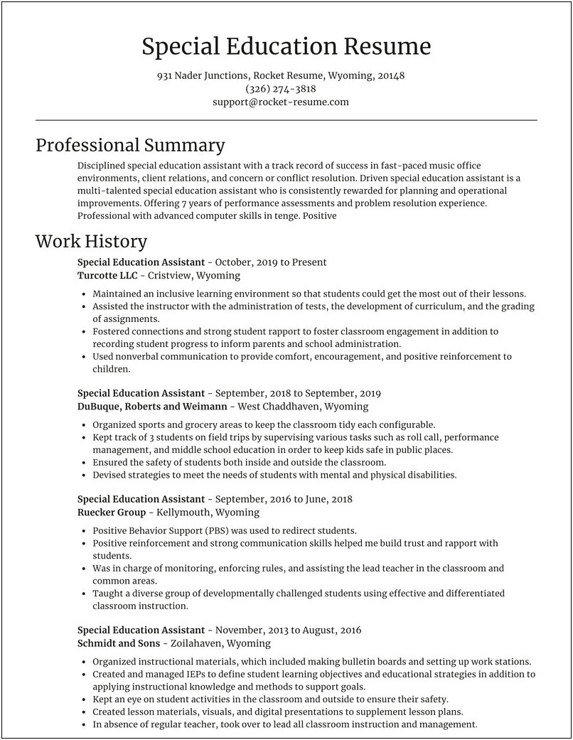 Resume Summary For Special Needs Assistant
