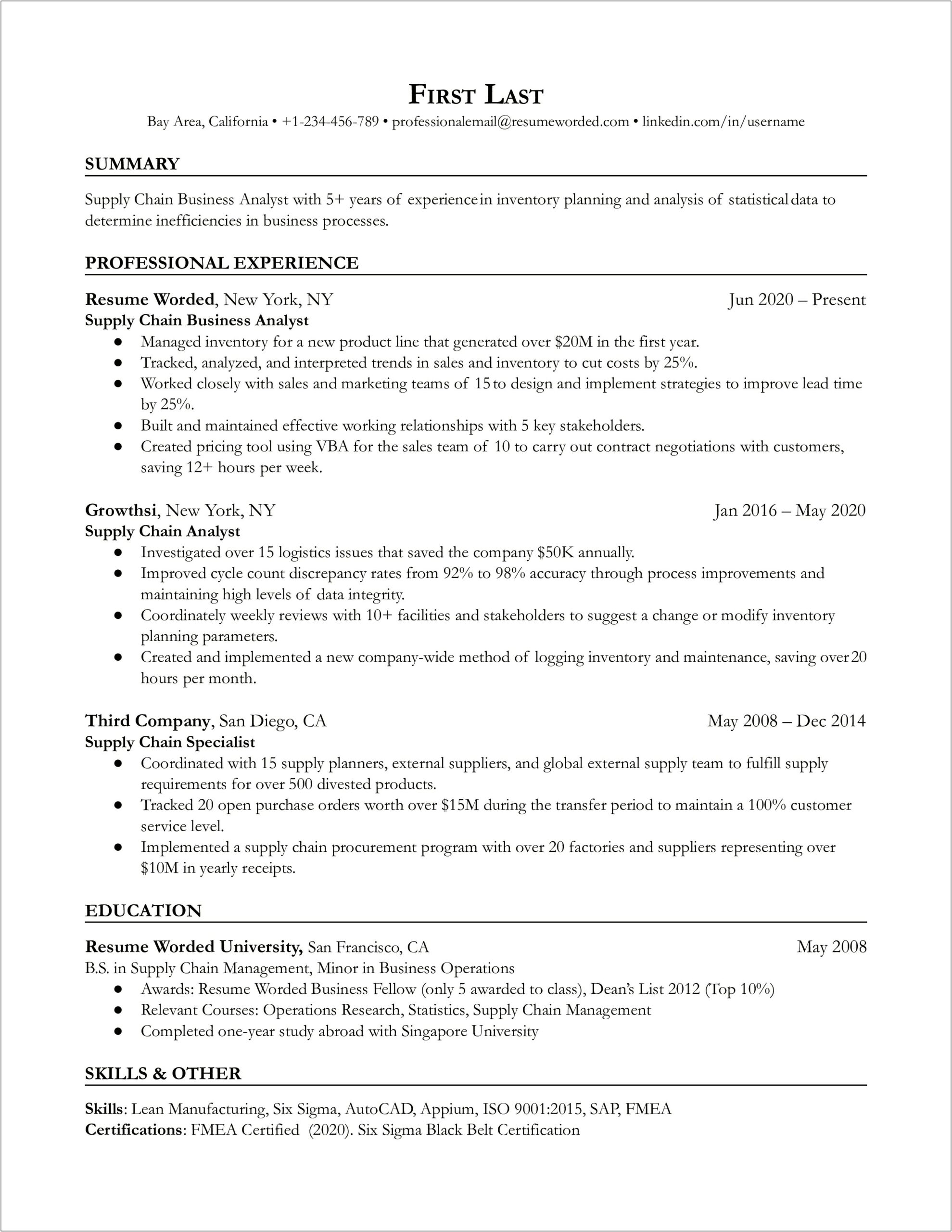 Resume Summary For Supply Chain Management
