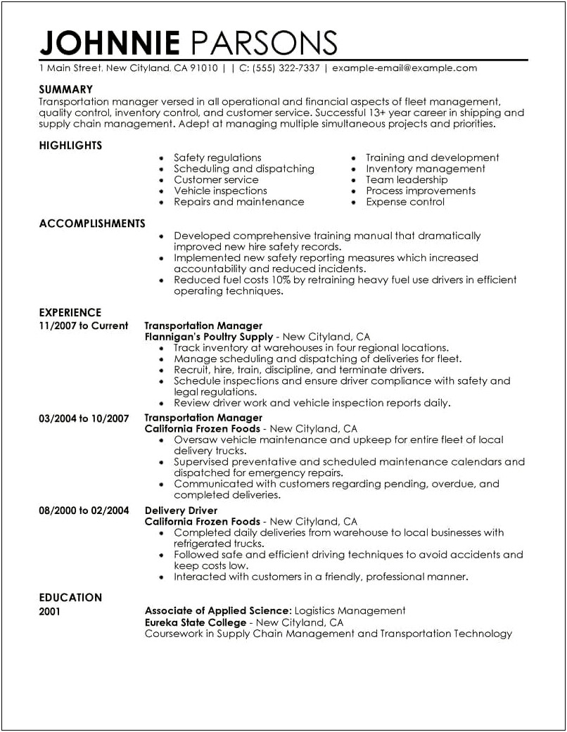 Resume Summary For Transportation Manager