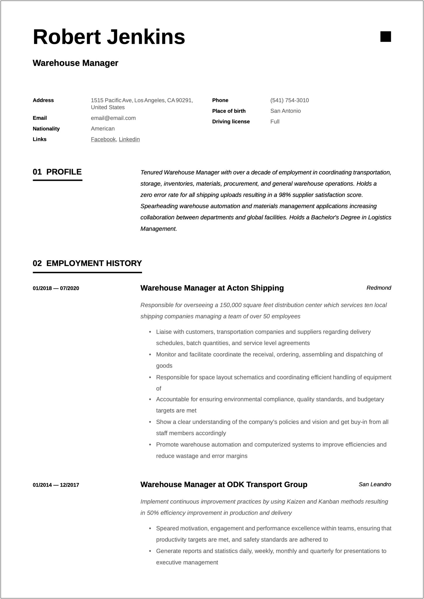Resume Summary For Warehouse Lead Hand