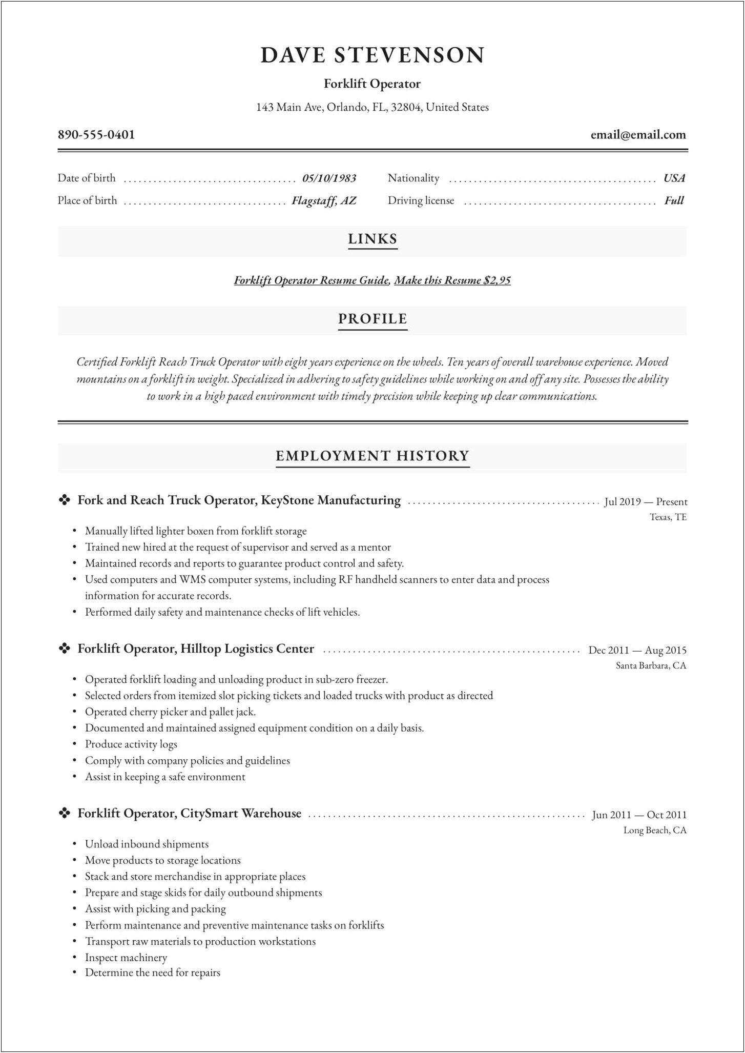 Resume Summary For Warehouse Worker And Forklift Operator
