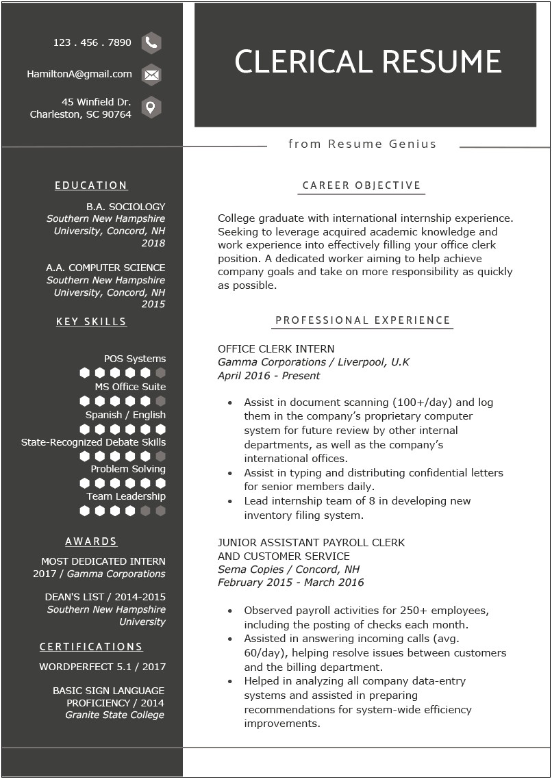 Resume Summary Of Entry Level Office Clerk