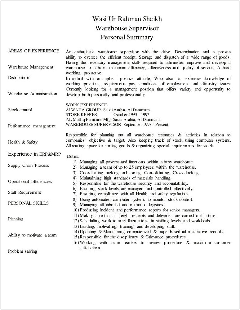 Resume Summary Of Warehouse Manager