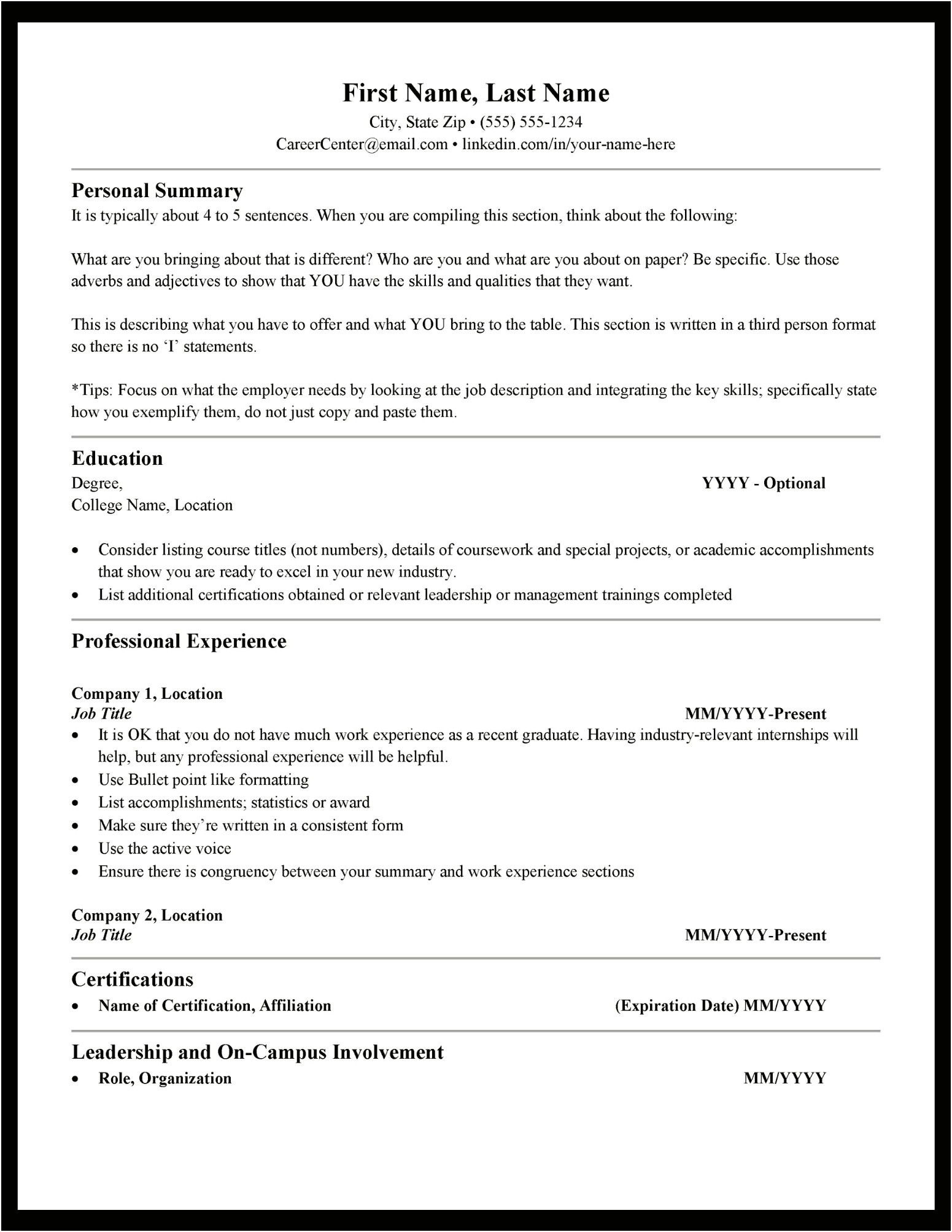 Resume Summary Recent College Graduate Examples