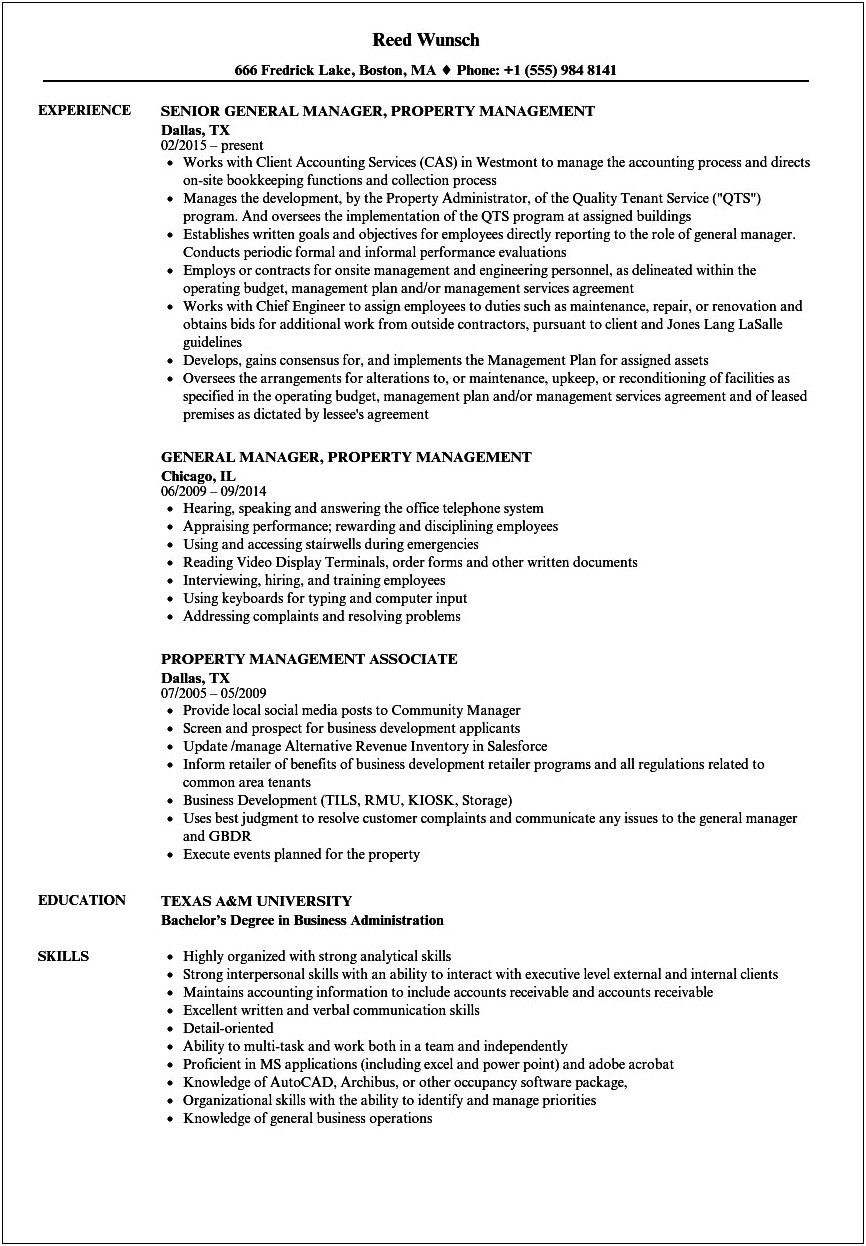 Resume Summary Rv Resort Property Manager