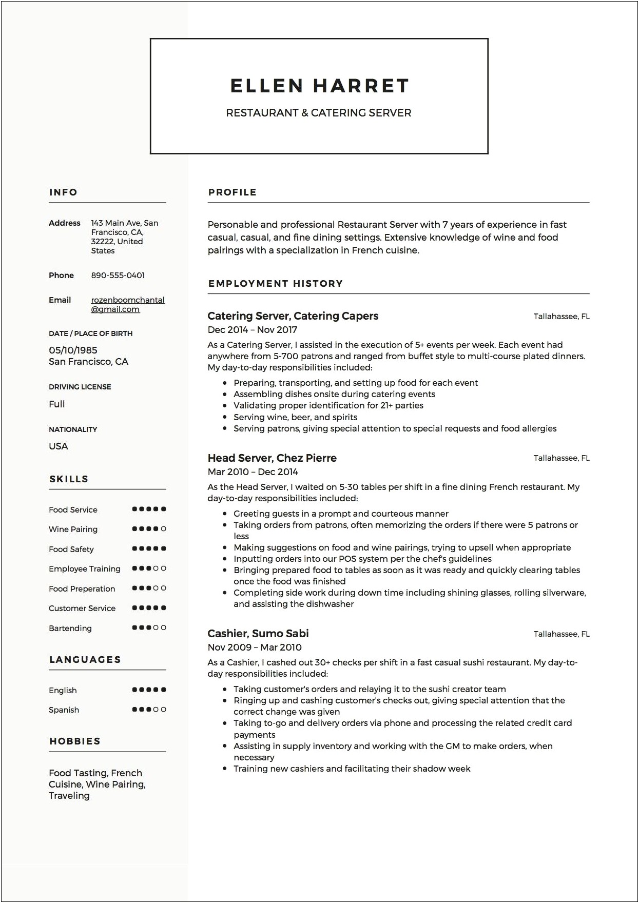 Resume Summary Sample For A Server