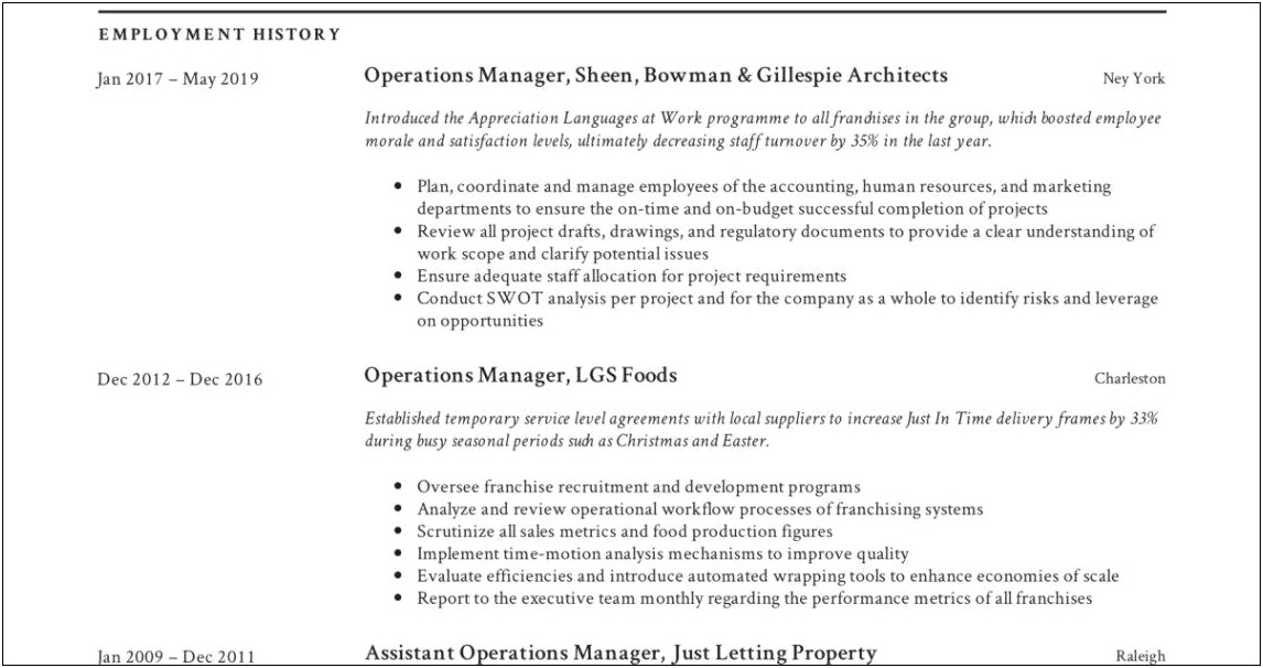 Resume Summary Sample For Operations Manager